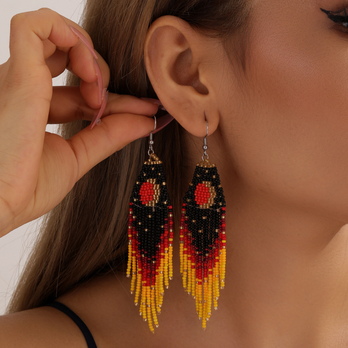 Tassel Earrings Rice Beads Woven Moon Accessories Women's Fashion Commuter Earrings Light Luxury High-end Sense Summer Explosive Earrings