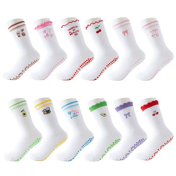 Yoga Socks for Women, Mid-Calf Socks with Anti-Slip Dots, Ruffled Edges, Cherry Embroidery, Professional Training Running Pilates Socks