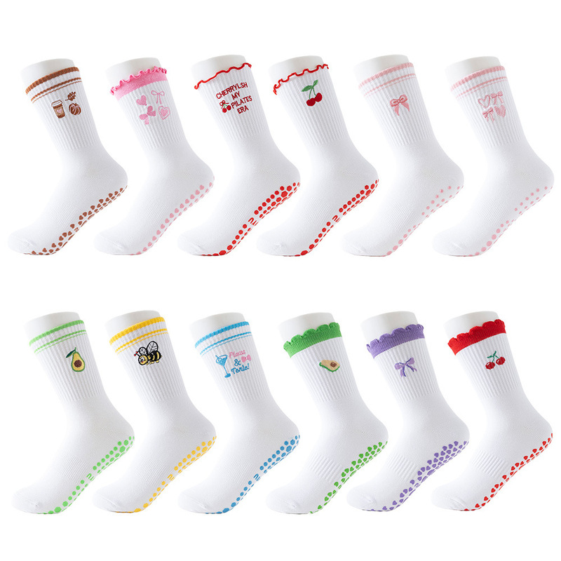Yoga Socks for Women, Mid-Calf Socks with Anti-Slip Dots, Ruffled Edges, Cherry Embroidery, Professional Training Running Pilates Socks