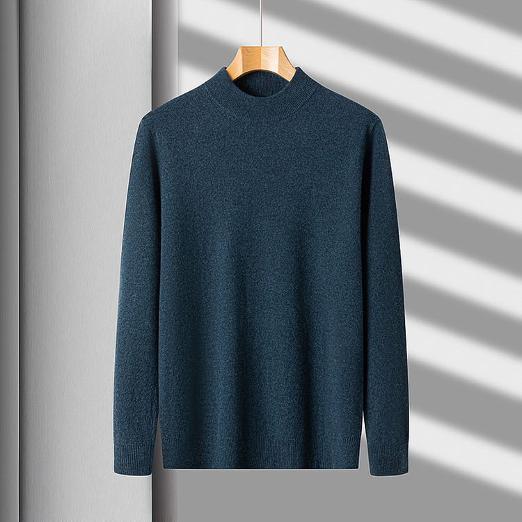 2025 nuevo suéter plano de cuello medio alto para hombres de mediana edad otoño y invierno cálido 100% suéter de lana