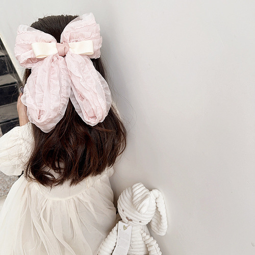 New French retro fungus edge chiffon bow children's pink girly style super fairy pressure clip hair accessories steel hair ring