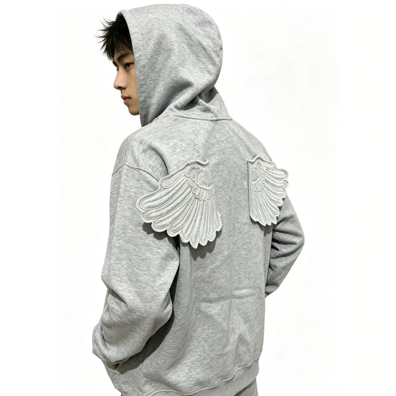 2026 New Cross-Border Trendy Angel Wings Embroidered Hooded Zipper Fashion Brand Sweatshirt Solid Color Autumn and Winter Unisex Style 2026 New Cross-Border Trendy Angel Wings Embroidered Hooded Zipper Fashion Brand Sweatshirt Solid Color Autumn and Winter Unisex Style