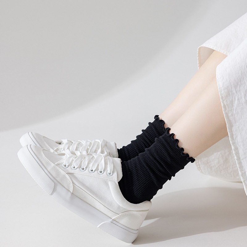 Damen Crew Socken Mit Wellensaum Für Herbst Und Winter Einfarbig_voghion.com
