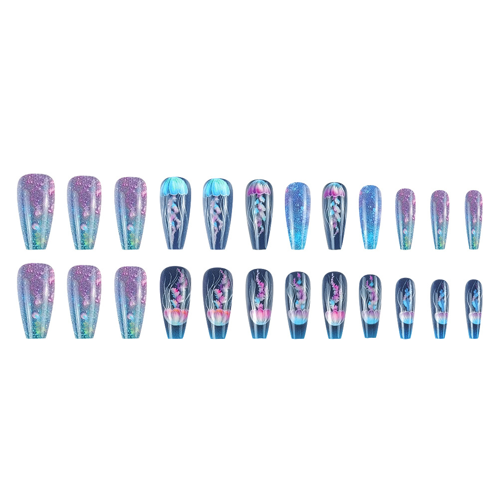 Ventas transfronterizas de uñas trapezoidales largas, medusas azules, sueños de viento marino, 24 piezas de parche de uñas