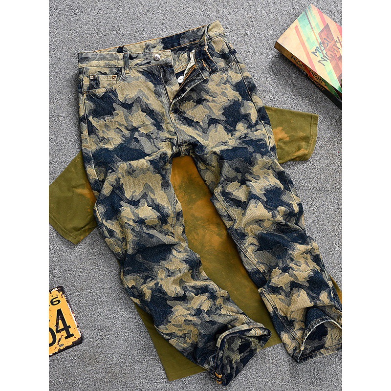 Men's Clothing Korean Style Retro Washed Distressed Jeans For Men, Loose Straight Leg Wide Leg Patchwork Tie Dye Print High Street Style Pants._voghion.com