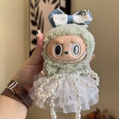 キュートで楽しいラブラブ ライトグリーンのぬいぐるみ風青と白のリボンパールメッシュスカート トレンドのおもちゃ 新しいかわいい