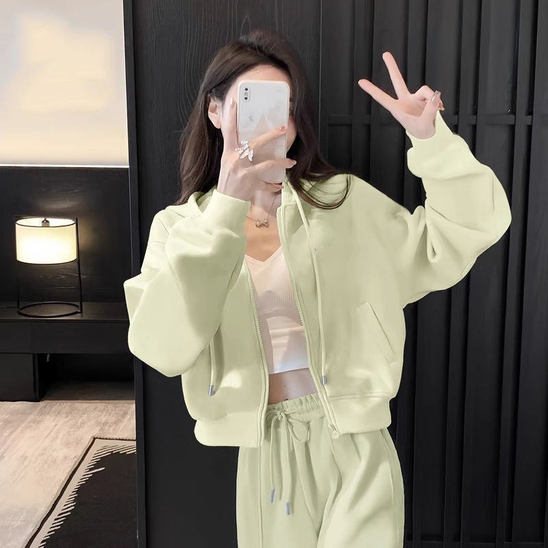 运动套装女春季2025年新款短款连帽开衫卫衣外套开春穿搭一整套女|undefined
