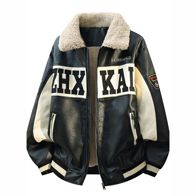 Men's trendy leather jacket, American style, shiny, stand-up collar, embroidered, thickened, motorcycle flight baseball jacket, men's leather jacket Men's trendy leather jacket, American style, shiny, stand-up collar, embroidered, thickened, motorcycle flight baseball jacket, men's leather jacket