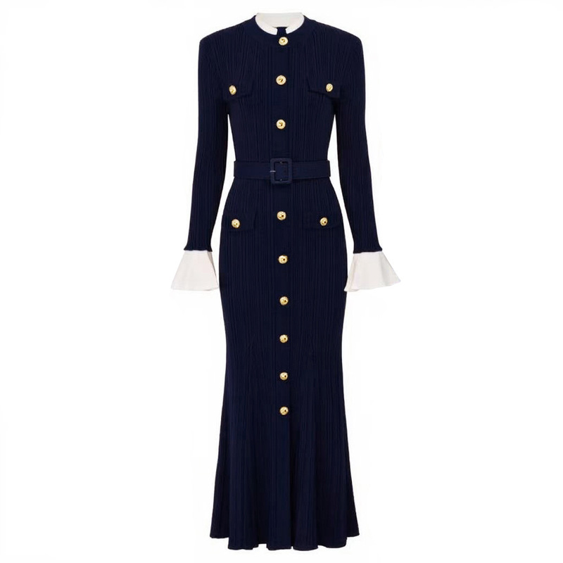 26321 In-Stock Quality Spring and Autumn New Long-Sleeve Round-Neck Belted Knit Versatile Slim-Fit Long Dress