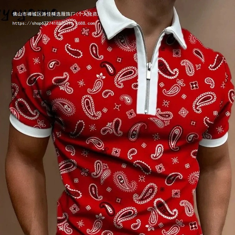 Temu Cross-Border Independent Site Tk Shein Red Cashew Flower Half-Zip Polo Factory Wholesale Direct Sales Aliexpress in Stock