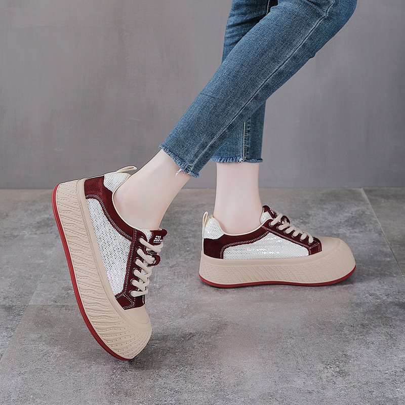 Giày sneaker nữ đế dày da thật lưới thoáng khí phối màu mũi to — màu đỏ
