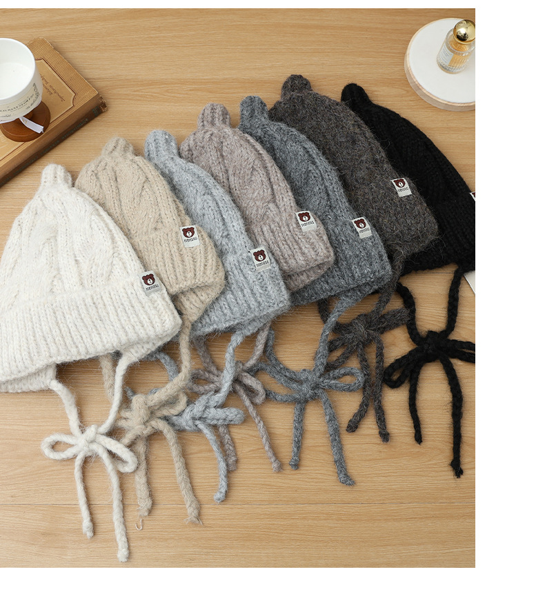 Korean Version Versatile Bear Patch Strap Knitted Autumn Winter Fashion Retro Pullover Outdoor Casual Warm Hat New_voghion.com