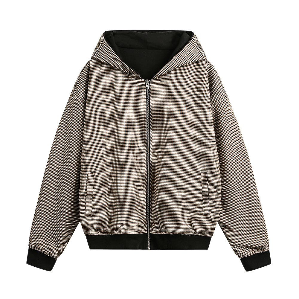 Felpa con cappuccio reversibile, unisex, primavera autunno, casual, ampia e versatile, a quadri, corta, da indossare in due modi._voghion.com