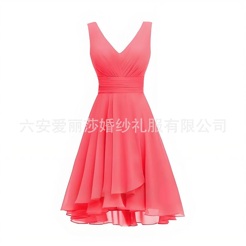 Foreign Trade V Neck Bridesmaid Dress High Waist Pure Color Dress Chiffon Pleated Dress High Waist Slim Party Dress