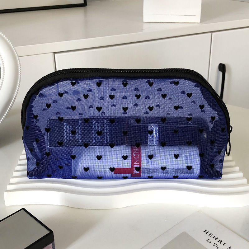 New Ins Love Flocking Powder Mesh Makeup Bag Girls' Heart Portable Washing Large Capacity Breathable Lipstick Trade