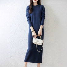 25秋冬新中长款100%纯羊毛针织衫女卷边圆领连衣裙羊绒打底毛衣裙