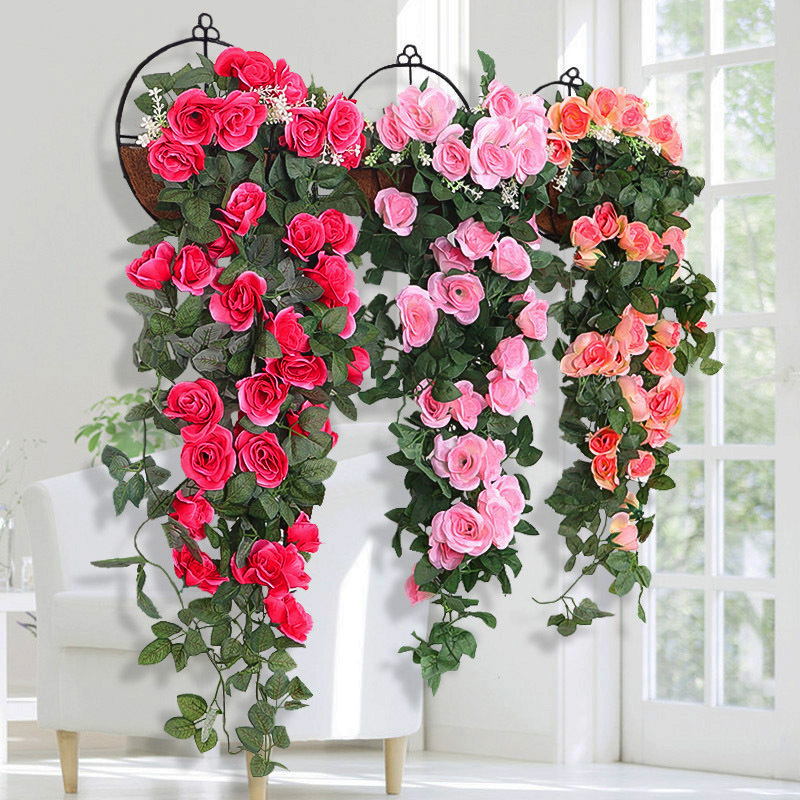 Guirnalda de rosas artificiales para colgar en la pared, planta verde artificial para interiores, planta colgante artificial para sala de estar, decoración para balcón y jardín.