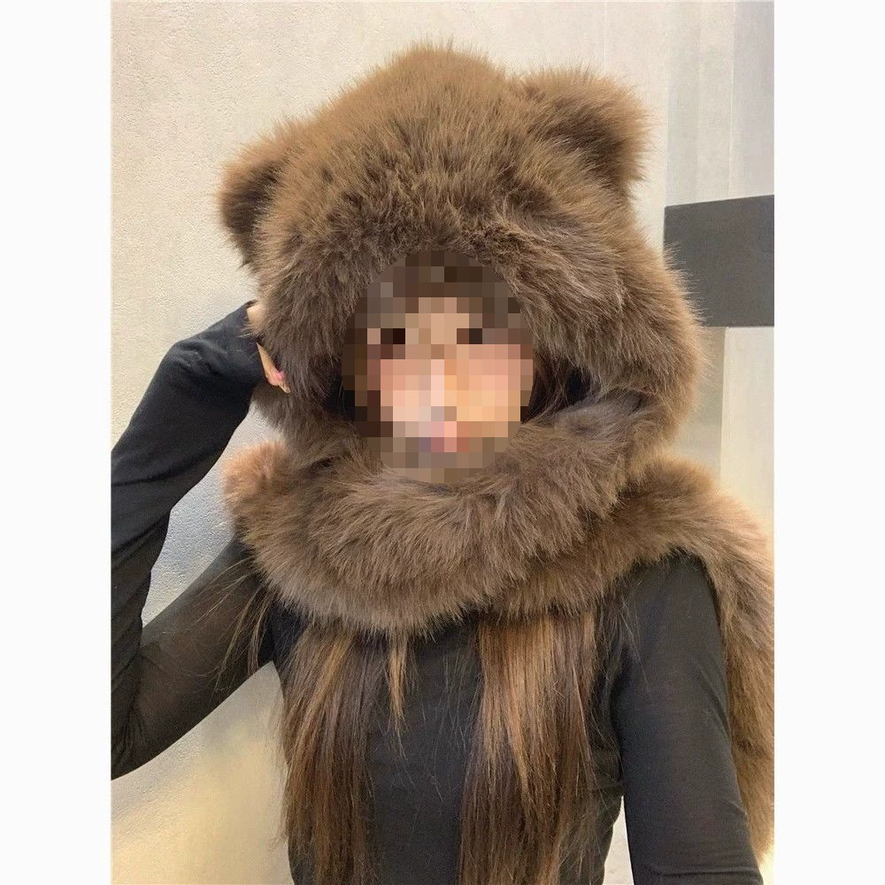 Осенняя и зимняя новая шляпа медведя зимняя пушистая большая голова шарф морозостойкая теплая шляпа Лэй Фэн нагрудник перчатки женщина