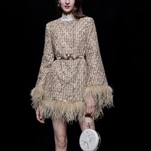 秋冬季新款呢大衣设计感名媛风羽毛拼接喇叭袖亮片修身毛呢外套女