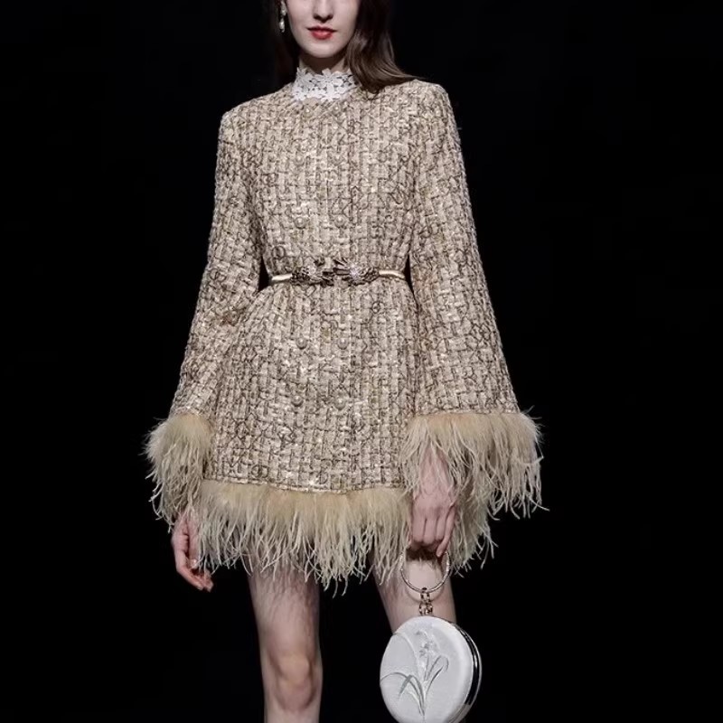 Autumn and Winter New Woolen Coat Design Sense Celebrity Style Feather Stitching Horn Sleeve Sequin Slim Fit Woolen Coat Women