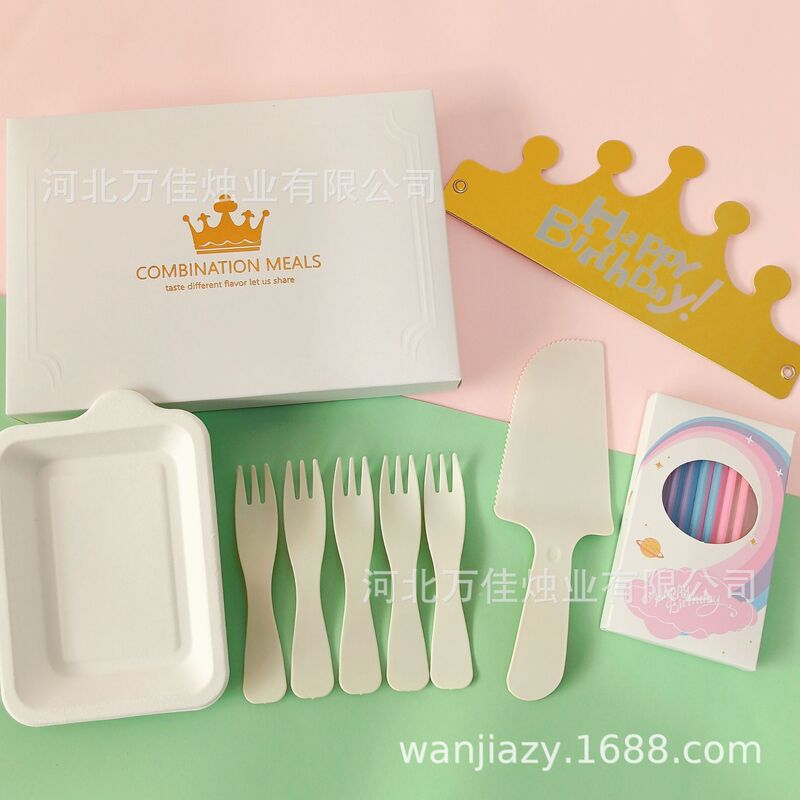 Cake Knife and Fork Gift Box suit Disposable Knife and Fork Plate Tableware Gift Box Degradable Plate Birthday Hat Candle Knife Cake Knife and Fork Gift Box suit Disposable Knife and Fork Plate Tableware Gift Box Degradable Plate Birthday Hat Candle Knife