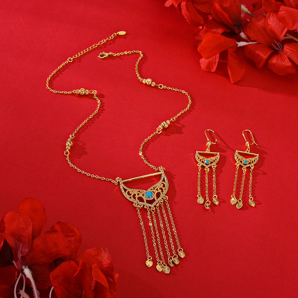 Popularidad transfronteriza aretes de mano exquisita collar conjunto de joyería mujer bronce dorado diamantes pendientes colgantes dos joyerías image 4