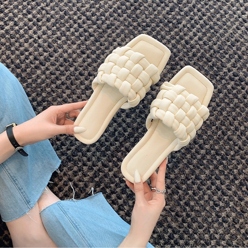 Internet Celebrated Flat Cotton Candy Square Head Woven Slippers Women's Summer Genuine Leather Flat Heel Travel Holiday Sandals