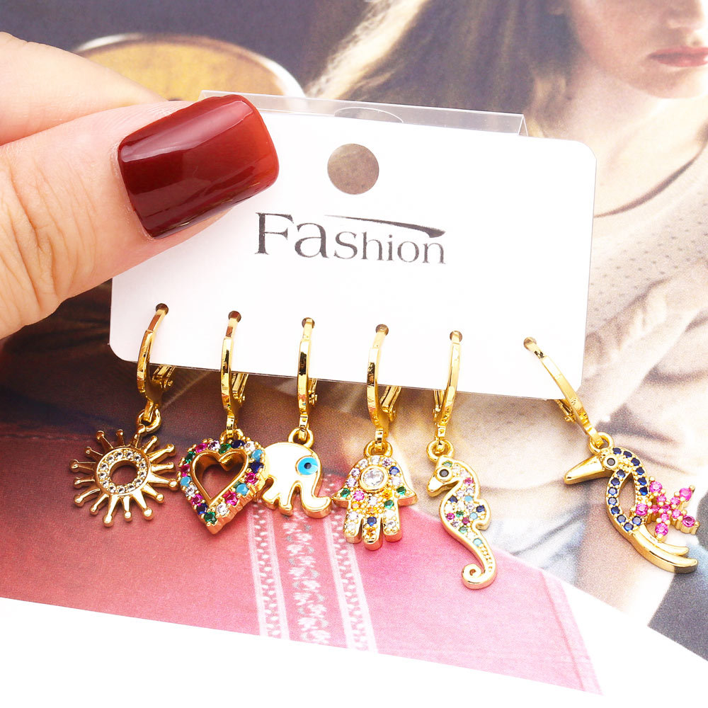 Fashion Heart Shape Elephant Copper Drop Earrings Inlay Zircon Copper Earrings 6 Pieces