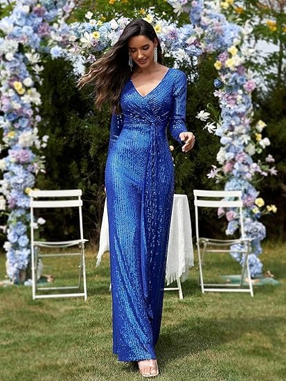 Elegantes Langarm Pailletten Abendkleid Für Damen Einfarbig_voghion.com