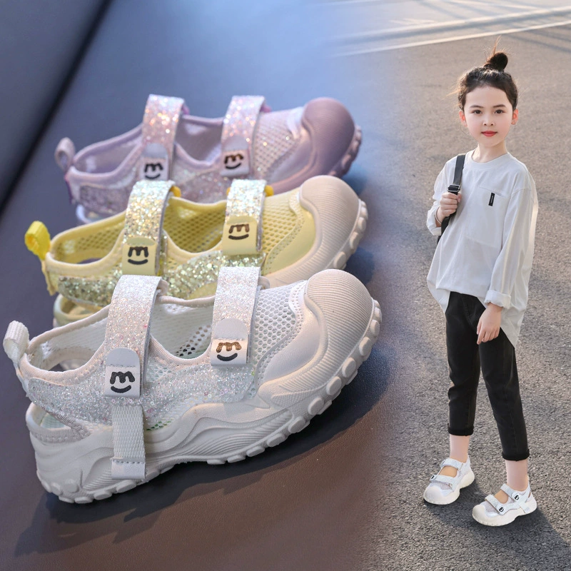 Детская блестящая принцесса спортивная сандалия 2025 лето новая сплошная одноцветная сетчатая полая липучка повседневная обувь