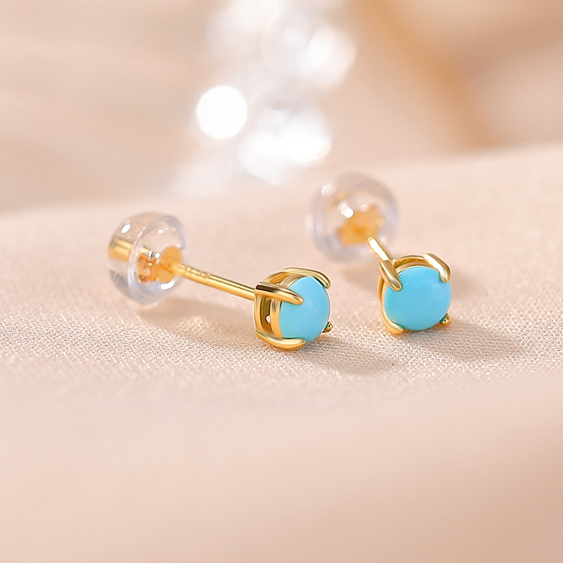 Khuyên tai bạc S925 mạ vàng đính đá turquoise hình học vintage — Loại bạc