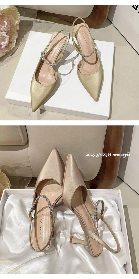 Sandal nữ bít mũi quai ngang đính đá, gót nhọn 6–8 cm — Màu kaki, Màu trắng be, Màu vàng nhạt chi tiết 16