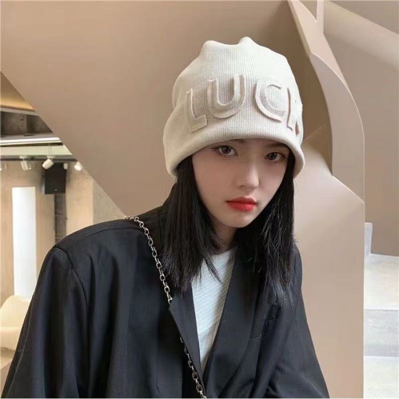 秋冬女士帽子堆堆帽字母冷帽百搭套头帽显脸小包头贴布护耳针织帽|undefined