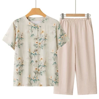 中老年人女装妈妈夏装棉绸套装老太太睡衣奶奶夏季短袖上衣居家服