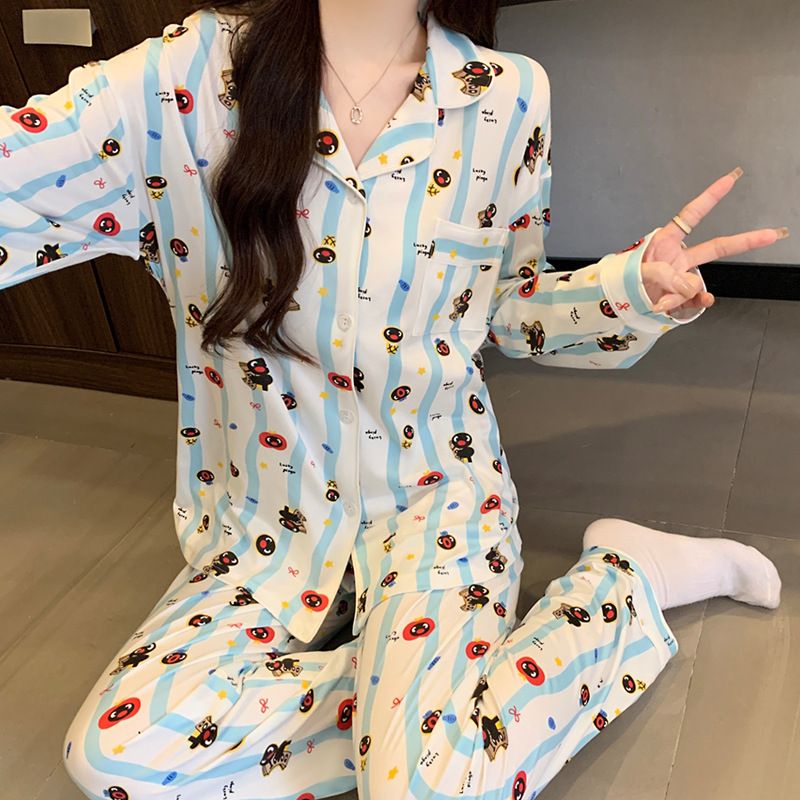 Al por mayor transfronterizo nuevo primavera y otoño pantalones de manga larga pijamas cardigans con ropa casualizada de algodón de dibujos animados