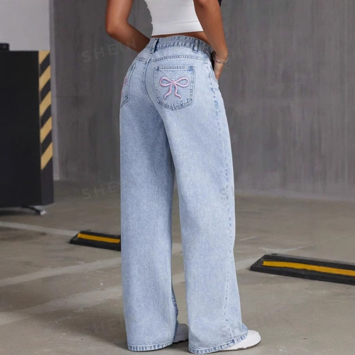Amazon Retro Bow Embroidery Washed Denim Women's American Sweet and Spicy Style Straight Leg Loose Long Pants