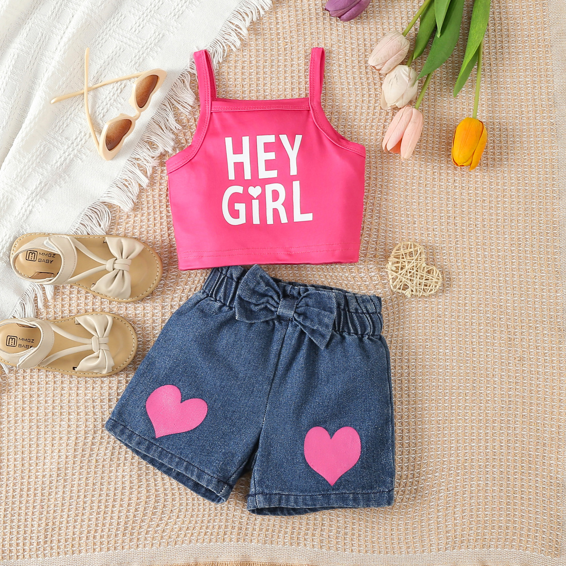 Sleeveless Sleeve Length Valentine'S Day Cute Letter Heart Shape Cotton Blend Girls Clothing Sets