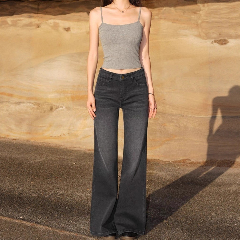 Made Nothing1 Mr001 Washed Black Flare High-End Mid-Waist Stretchy Slightly Flared Floor-Length Jeans for Women