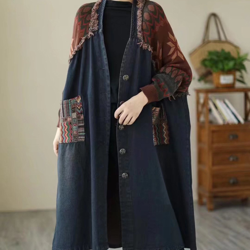 Knitted Printed Splicing Denim Plus Size Loose Windbreaker Autumn and Winter Retro Literary Washed Raw Edge Jacket for Women