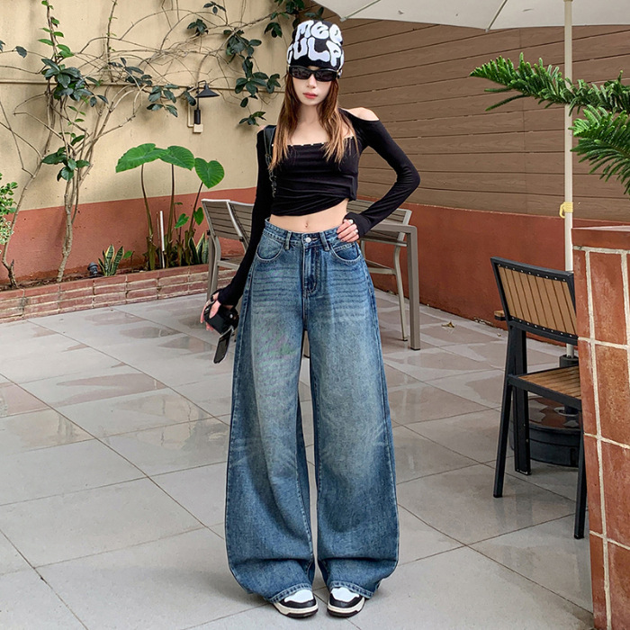 美式复古高腰牛仔裤女2025秋季新款宽松阔腿显瘦垂感慵懒风直筒裤|undefined