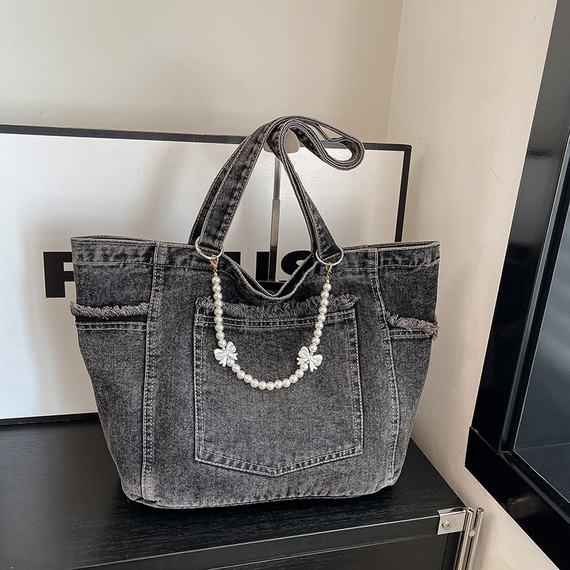 Korean Retro Washed Denim Tote Bag For Women, Large Capacity Casual Shoulder Underarm Bag, Lazy Style Commuter Handbag - Thumbnail 2