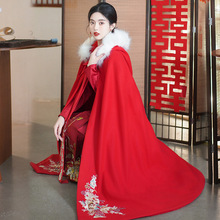 中国风红色加绒加厚中长款斗篷披风汉服女式新中式织金马面裙礼服
