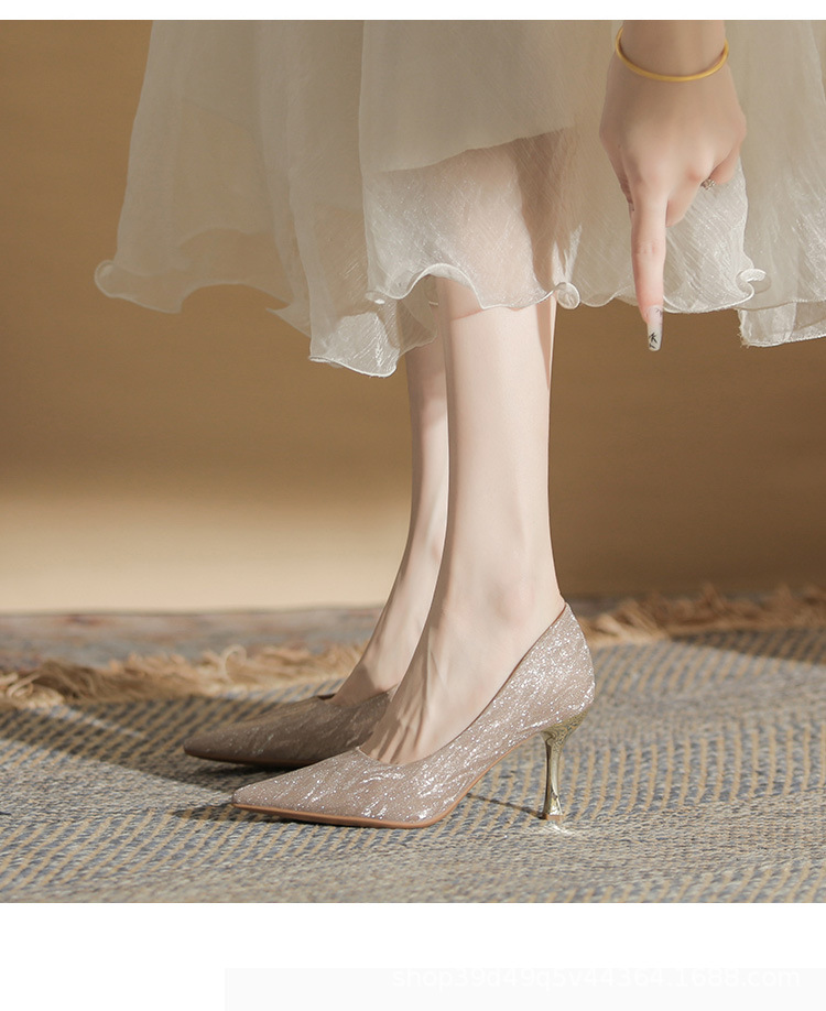 Giày cao gót mũi nhọn Jingang CG6007 gót nhọn 9 cm, đính pha lê, kiểu cô dâu mùa hè — Màu Sâm panh chi tiết 14