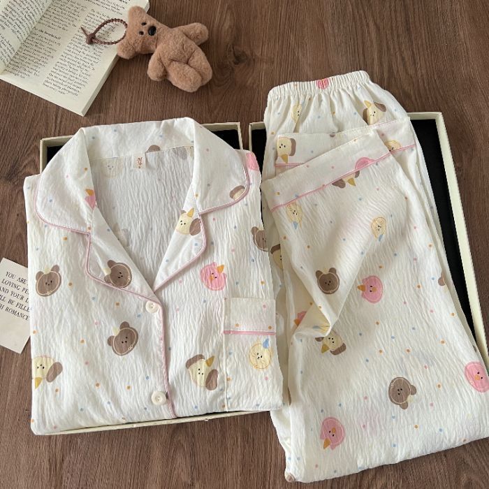 Pijamas de algodón nubes al por mayor transfronterizos pantalones de mangas largas de dibujos animados lindos cardigans con solapa otoño nueva explosión ropa para el hogar