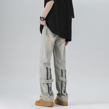 美式高街做旧牛仔裤男装裤脚拉链开叉直筒裤复古宽松牛仔青春休闲