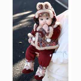 婴幼儿宝宝套装冬季拜年服加厚加绒唐装男女童国风喜庆分体套装棉