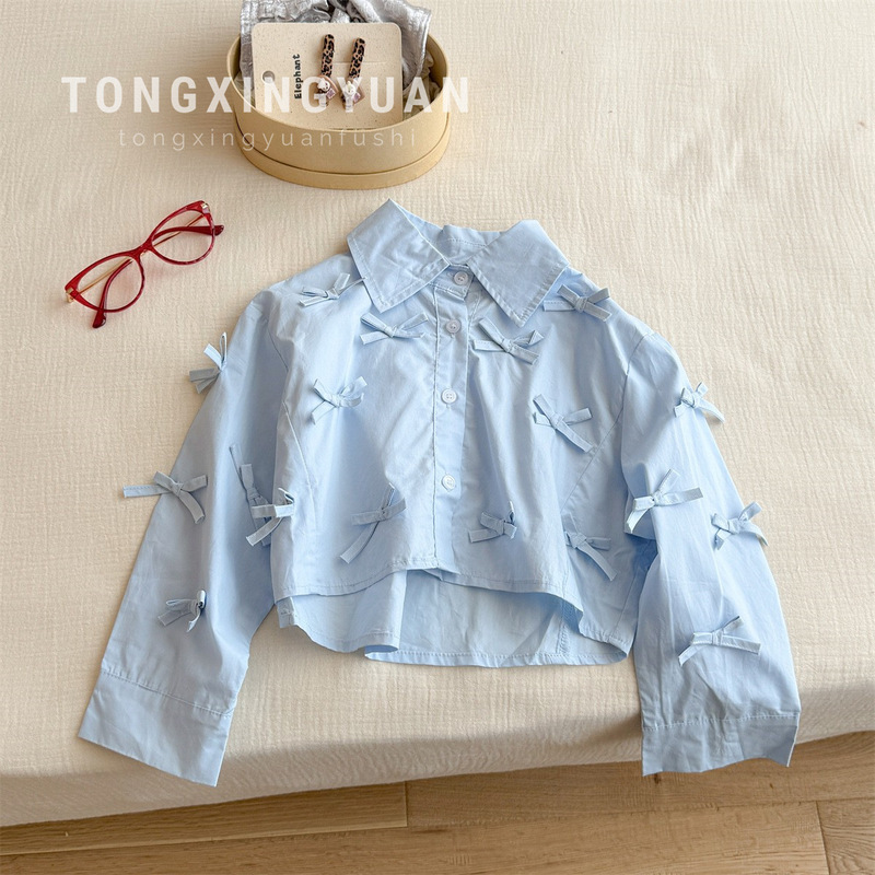Children's Star-Style Round-Neck Girls' Bow Shirt, New Trendy Spring and Autumn Casual Korean-Style Girls' Shirt, Fashionable