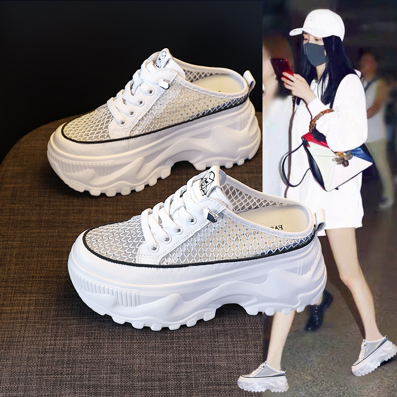 Thick-soled slippers women's sandals mesh Joker Korean version of the platform bottom increased white shoes breathable half a generation of hair