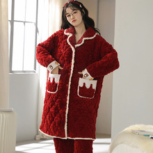 北极绒夹棉女士睡衣冬季大红本命年三层加厚保暖家居服中长款套装