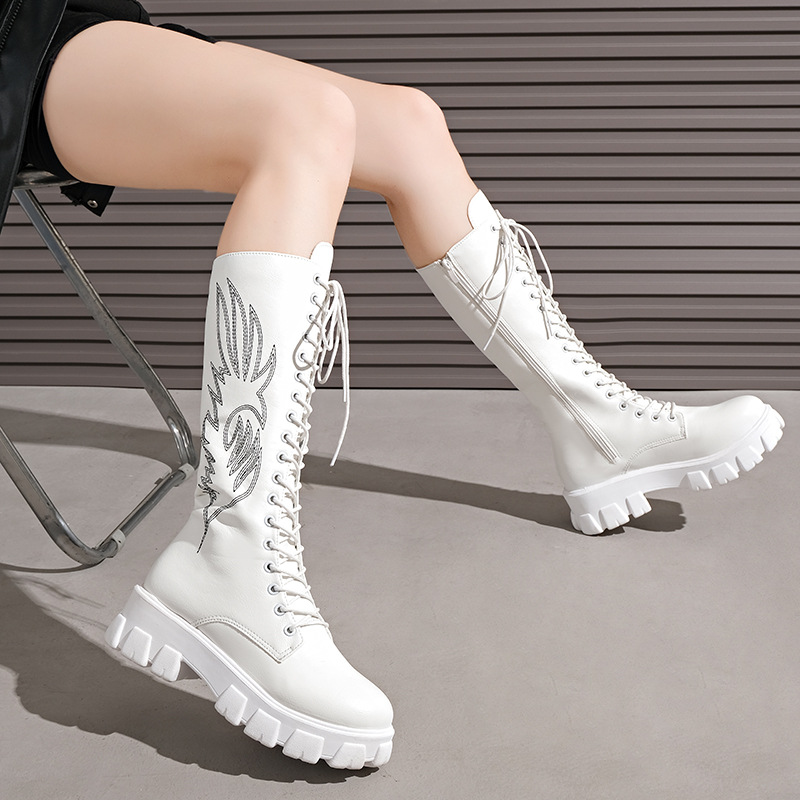 Women's Plus Size Knee High Zipper Boots British Style Embroidered Retro Slim Fit Thick Sole Round Toe Autumn_voghion.com